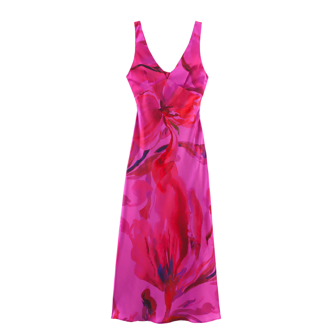 Dame Floral Print Maxi Kjole med V-Udskæring og Spaghetti-Stropper Stilla