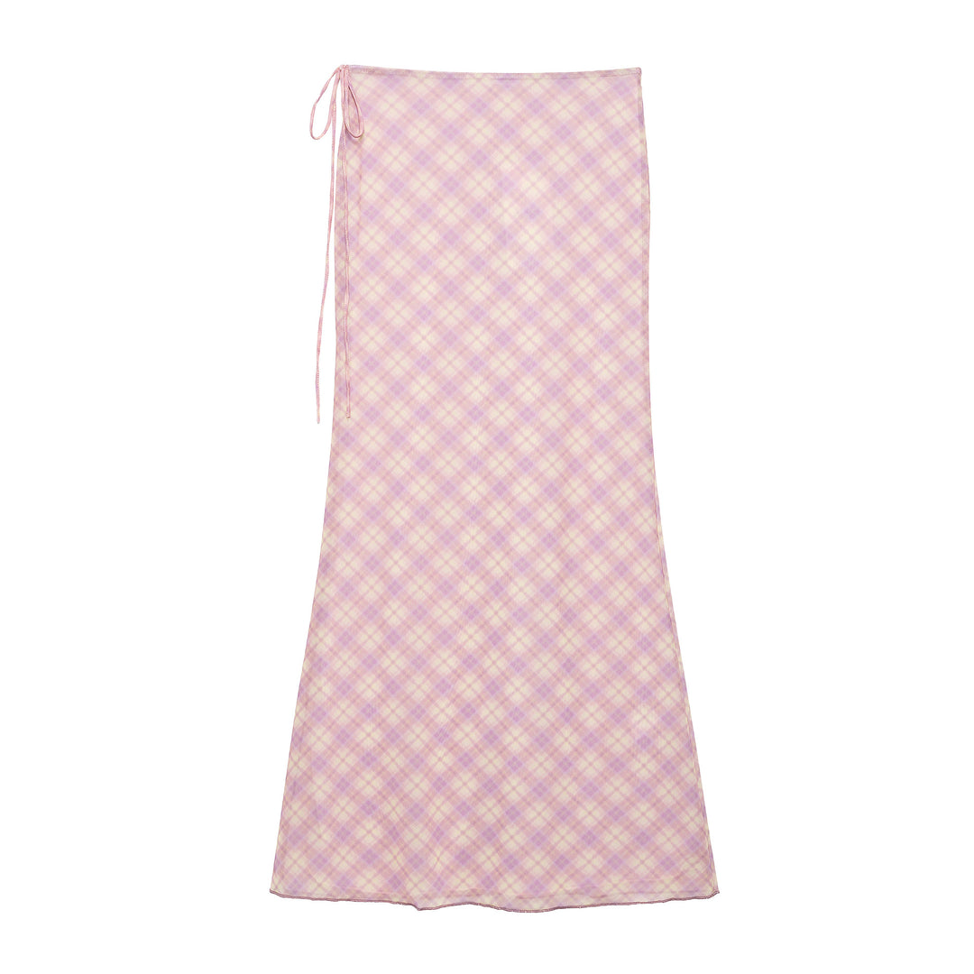 Femme Elegant Rutet Maxi-Nederdel med Justerbare Sidesnor Stilla