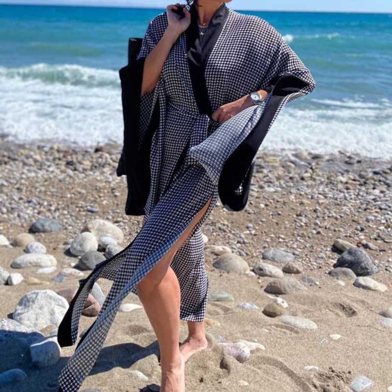 Dame Strandfrakke med elegant snit og moderne houndstooth mønster Stilla