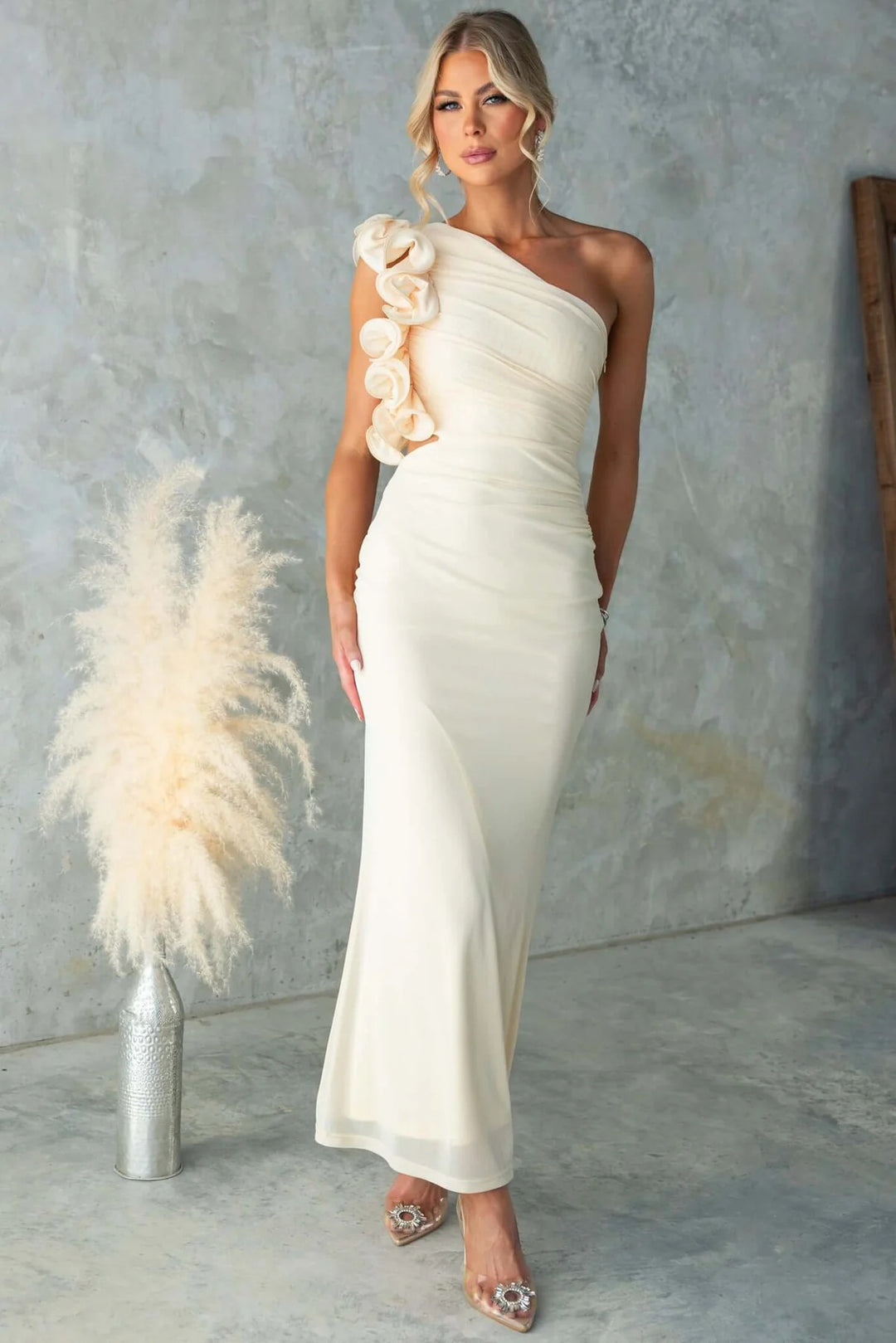 Damer Elegant Flæse Maxi Kjole med Off-Shoulder Design og Skræddersyet Fit
