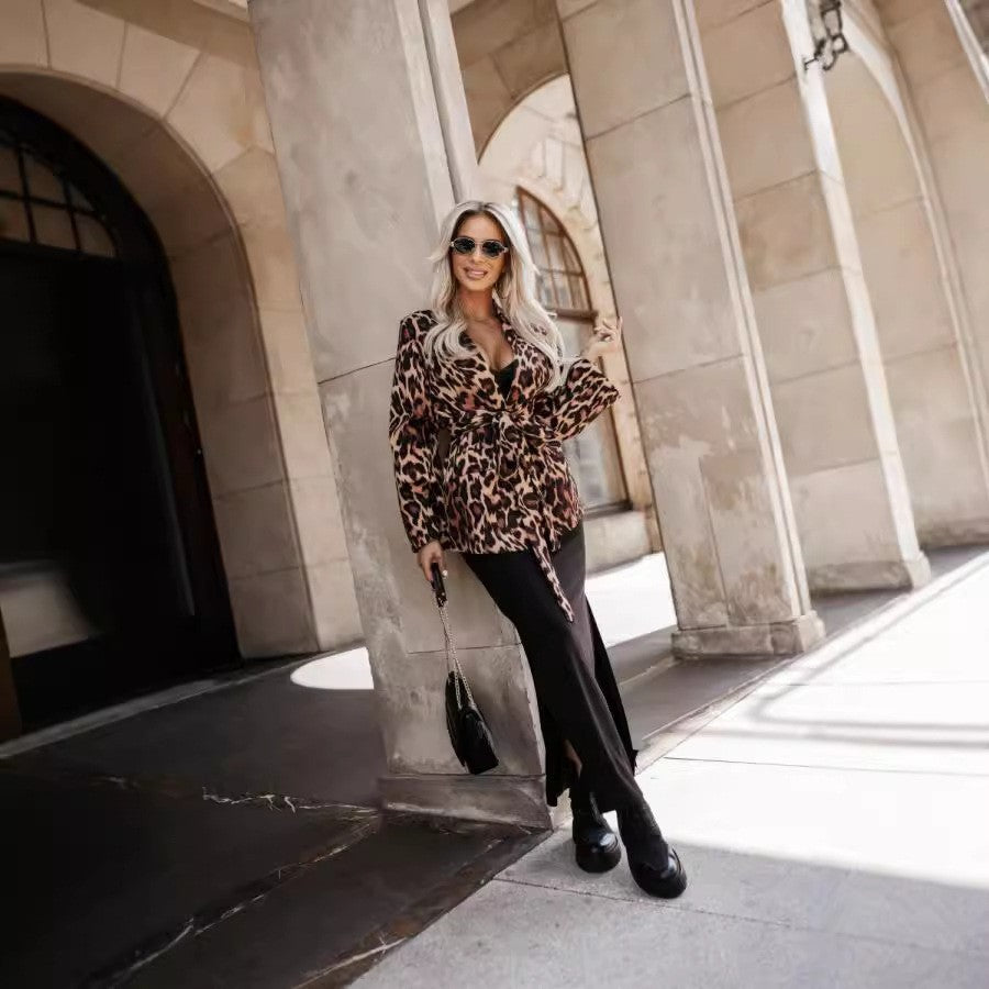 Dame Luksuriøst Animal-Print Blazer-Outfit med figursyet Nederdel Stilla