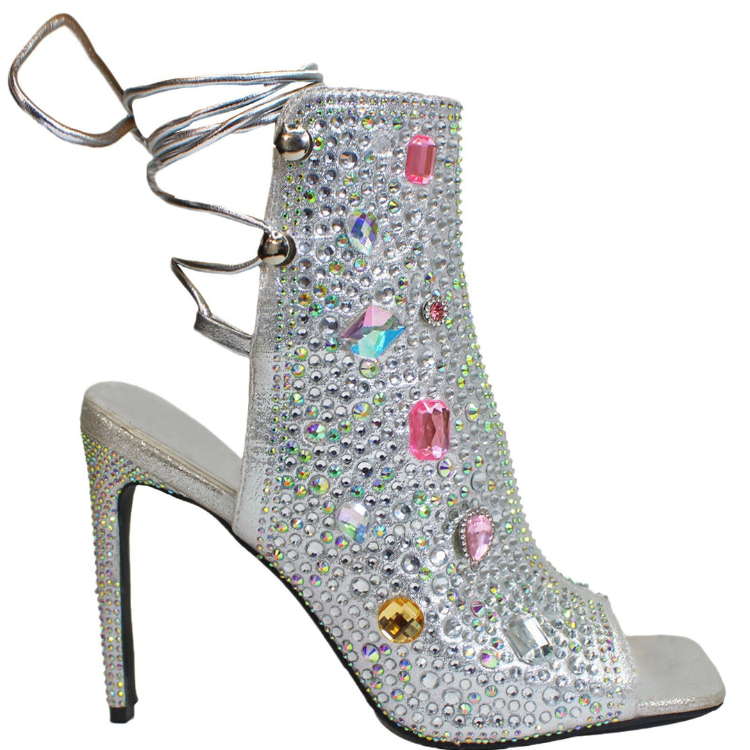 Femme Strass-besmykkede åbne tæer højhælede booties Stilla