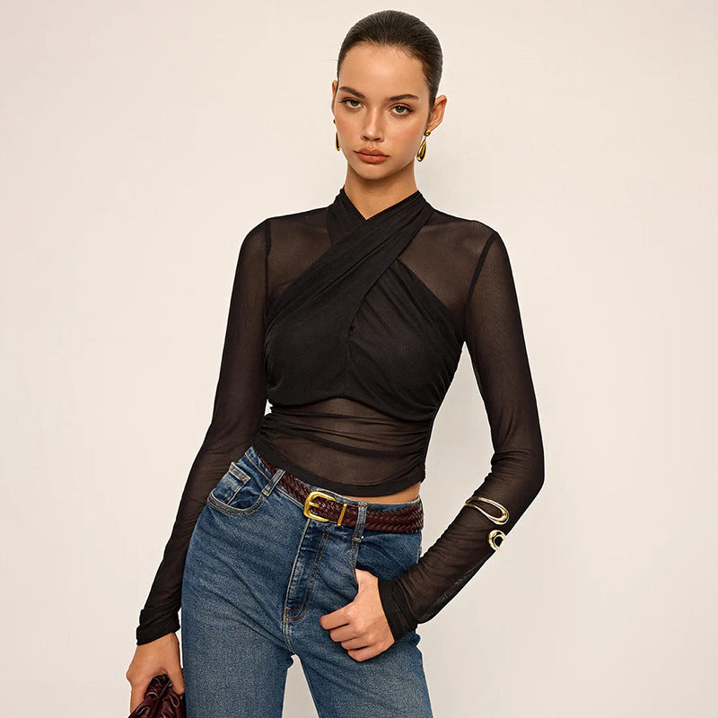 Damer Elegant wrapper top med transparent stof og lange ærmer Skovae