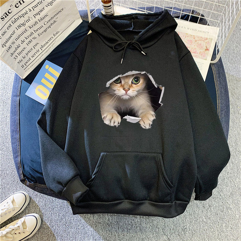 Kvinders hættetrøje med unikt kat design Skovae