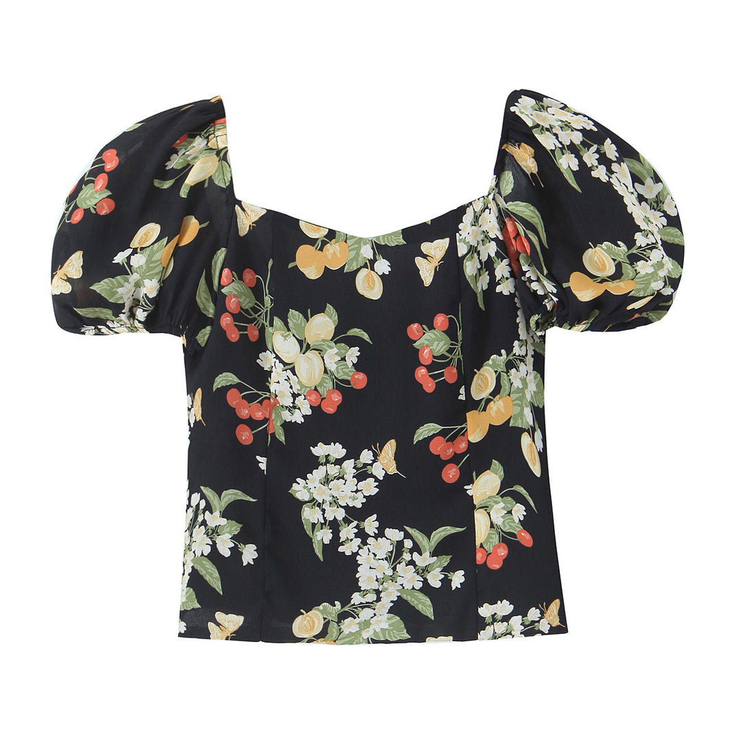 Dame Blusenshirt med luftige pufærmer og blomsterdesign Stilla