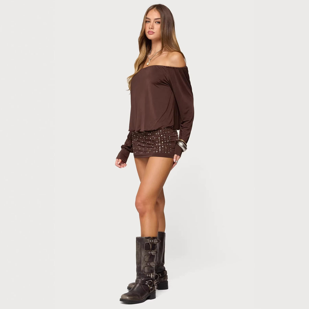 Dame Off-Shoulder Top med elegante lange ærmer og figursyet nederdel Skovae