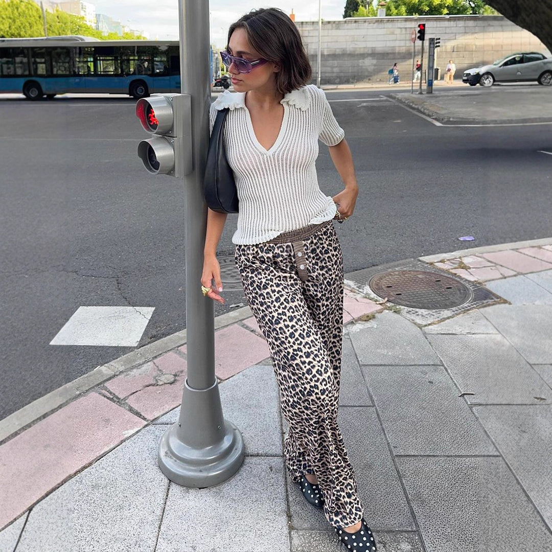 Dame vidde komfortbukser med moderne leopardmønster Skovae