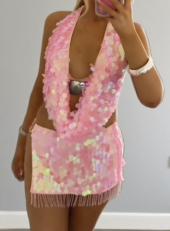 Damer Glamourøst Strandkjole med Pailletter og Frynser Skovae
