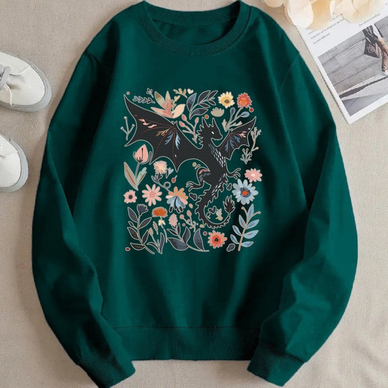 Kvinders sweatshirts med detaljeret drage- og blomstermotiv Stilla