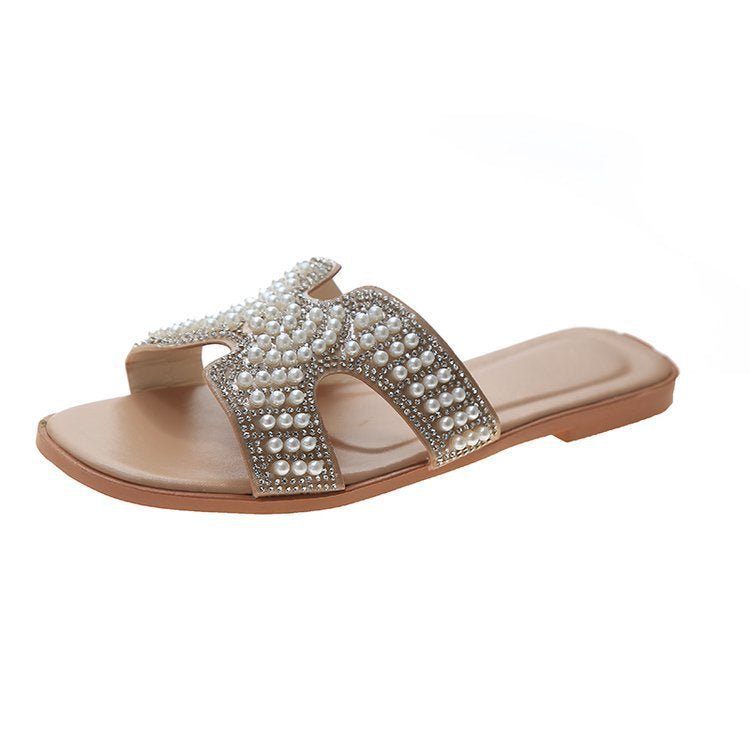 Dame mode slide-sandaler med funklende perle- og rhinestones dekoration Stilla