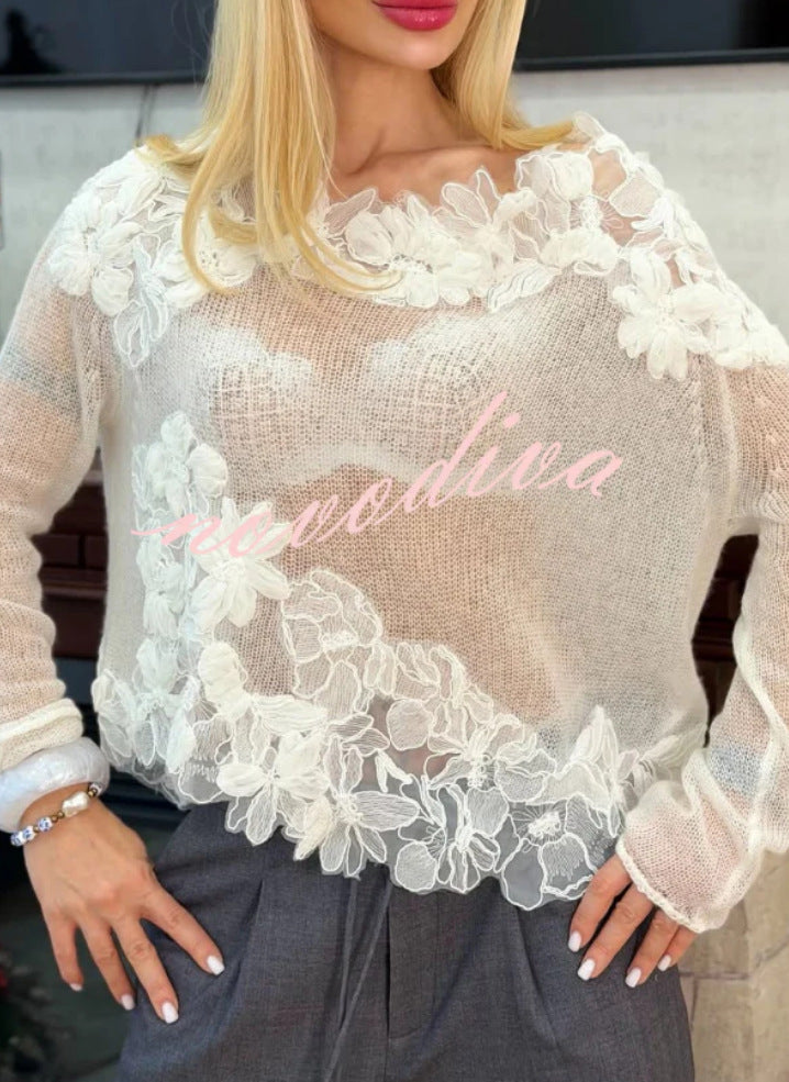 Women's striktrøje med blomsterlacre detaljer og gennemsigtigt design Stilla