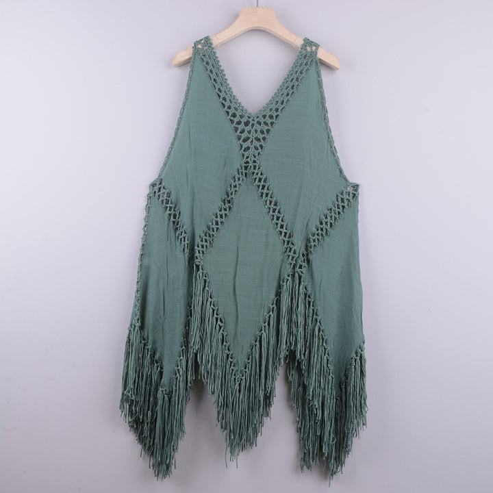Dame Strandlinned Poncho med frynser og hækledetaljer Stilla