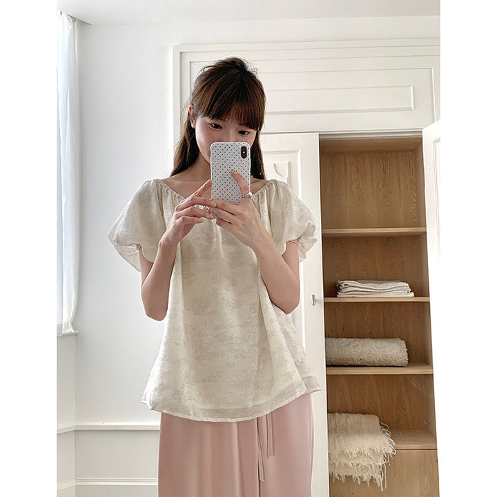 Dame Off-Shoulder Bluse med voluminøse ærmer og blomsterprint Stilla