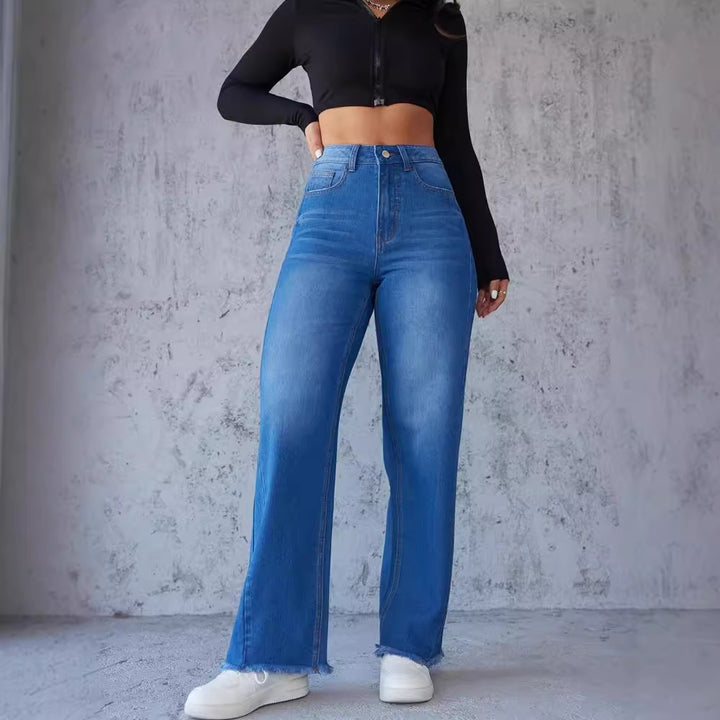 Dame Højtaljede Mom-Jeans med afslappet snit og frynset kant Stilla