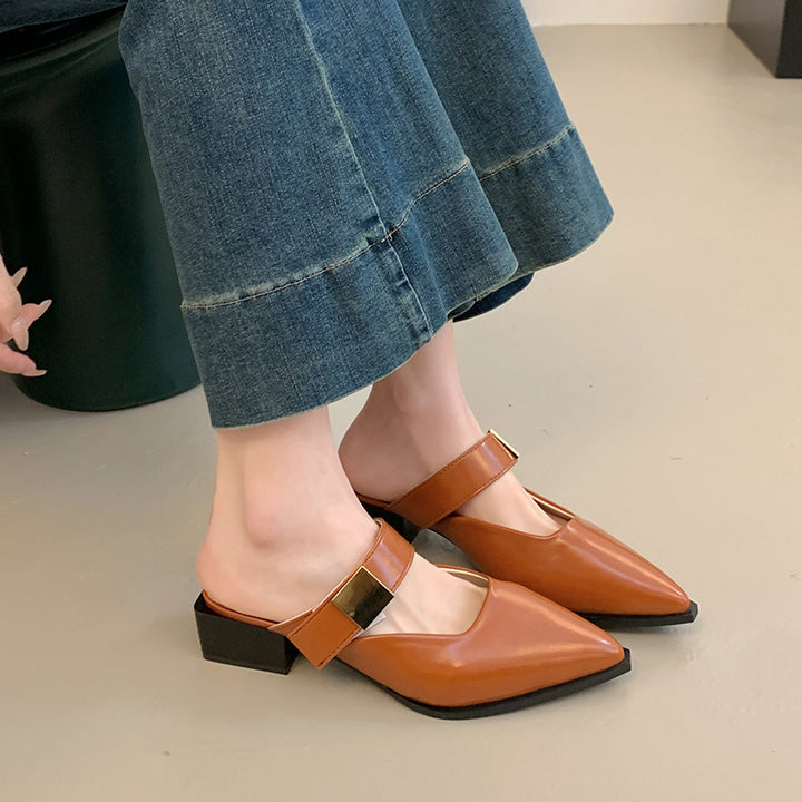 Dame Stiletto Tå Slingback Mules med Dekorativ Rem Stilla