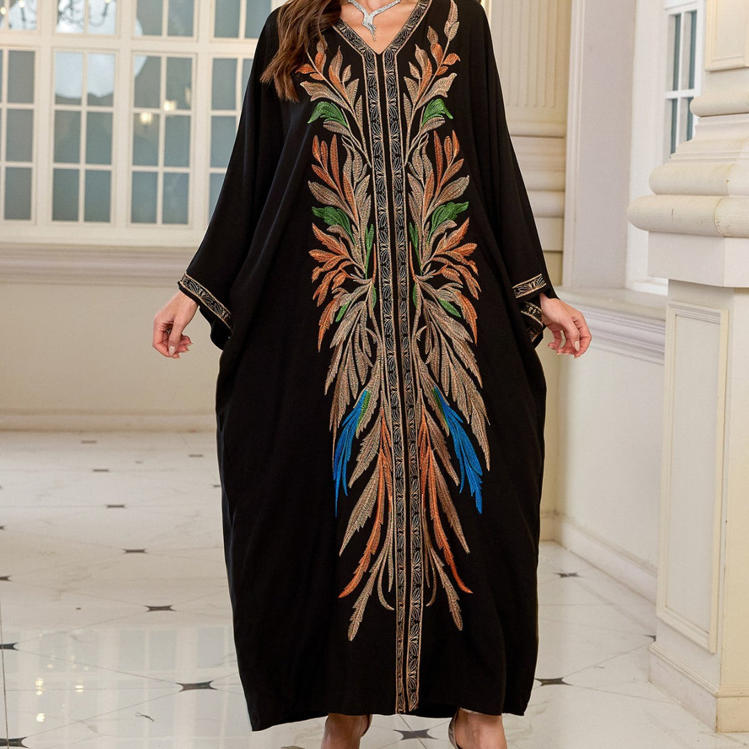 Dame Elegant broderet Kaftan med brede ærmer og V-udskæring Stilla