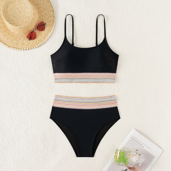 Dame Sporty bikini sæt med høj talje og farverigt bølgemønster Skovae