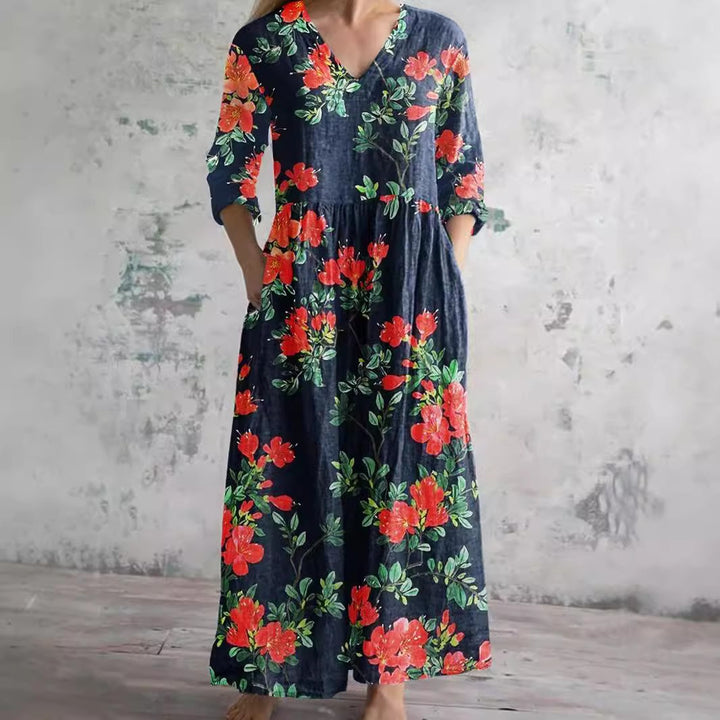 Dame Boho Maxikjole med unikt blomsterprint og praktiske lommer Stilla