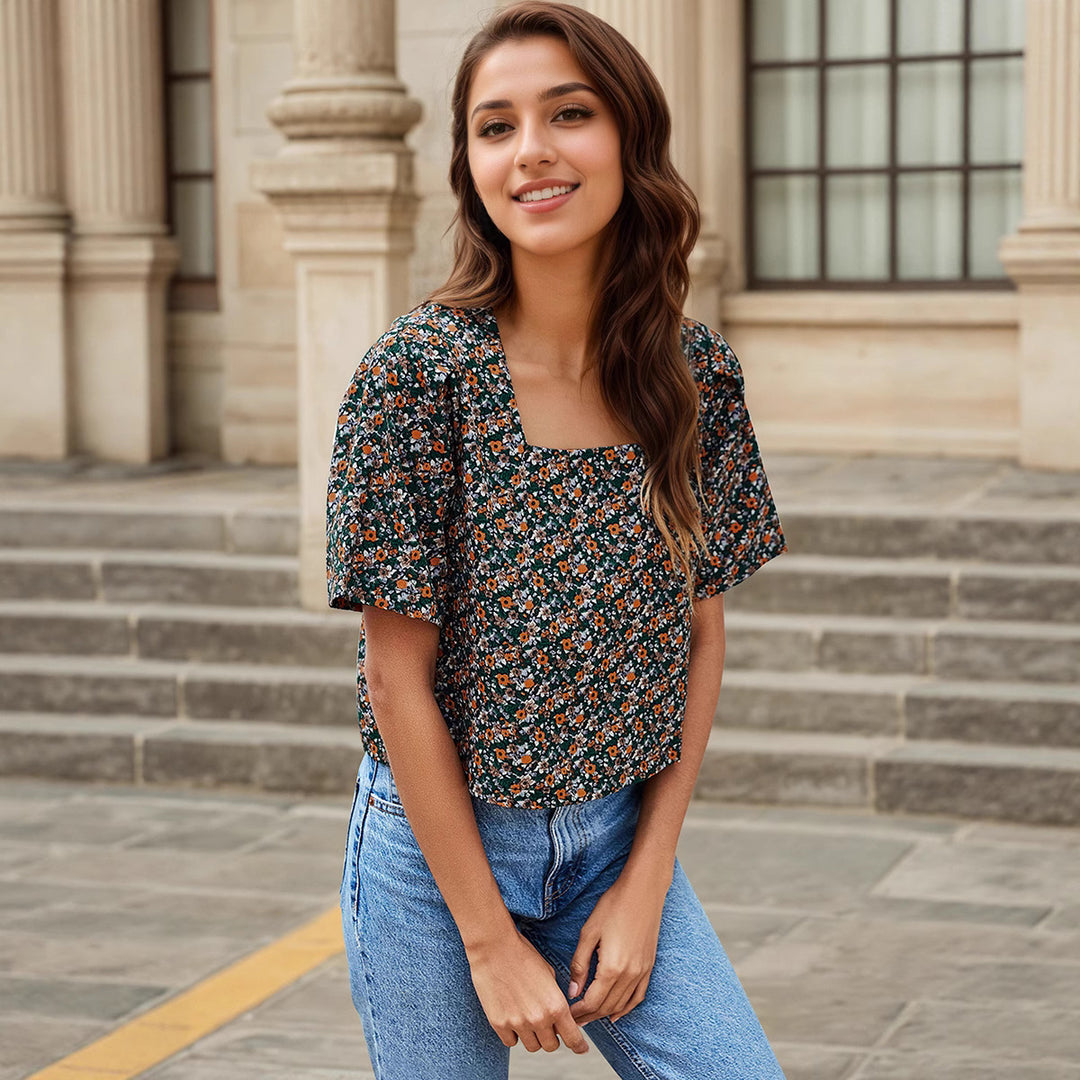 Dame Crop-Top med blomsterdesign og lige pasform Stilla