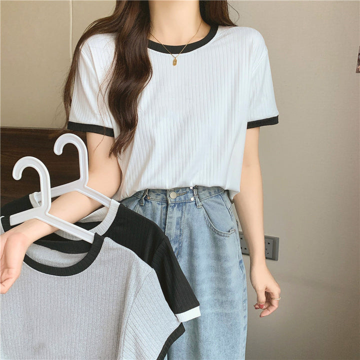 Femme Ribbstrik Kontrastkant T-Shirt Stilla