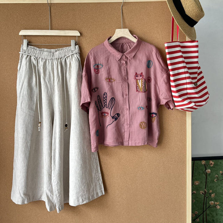 Femme Broderet Kort Button-Up Skjorte og Højtaljet Maxi Nederdel Sæt Stilla