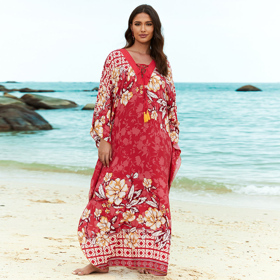 Dame Strandkaftan med florale detaljer og elegante ærmer Stilla