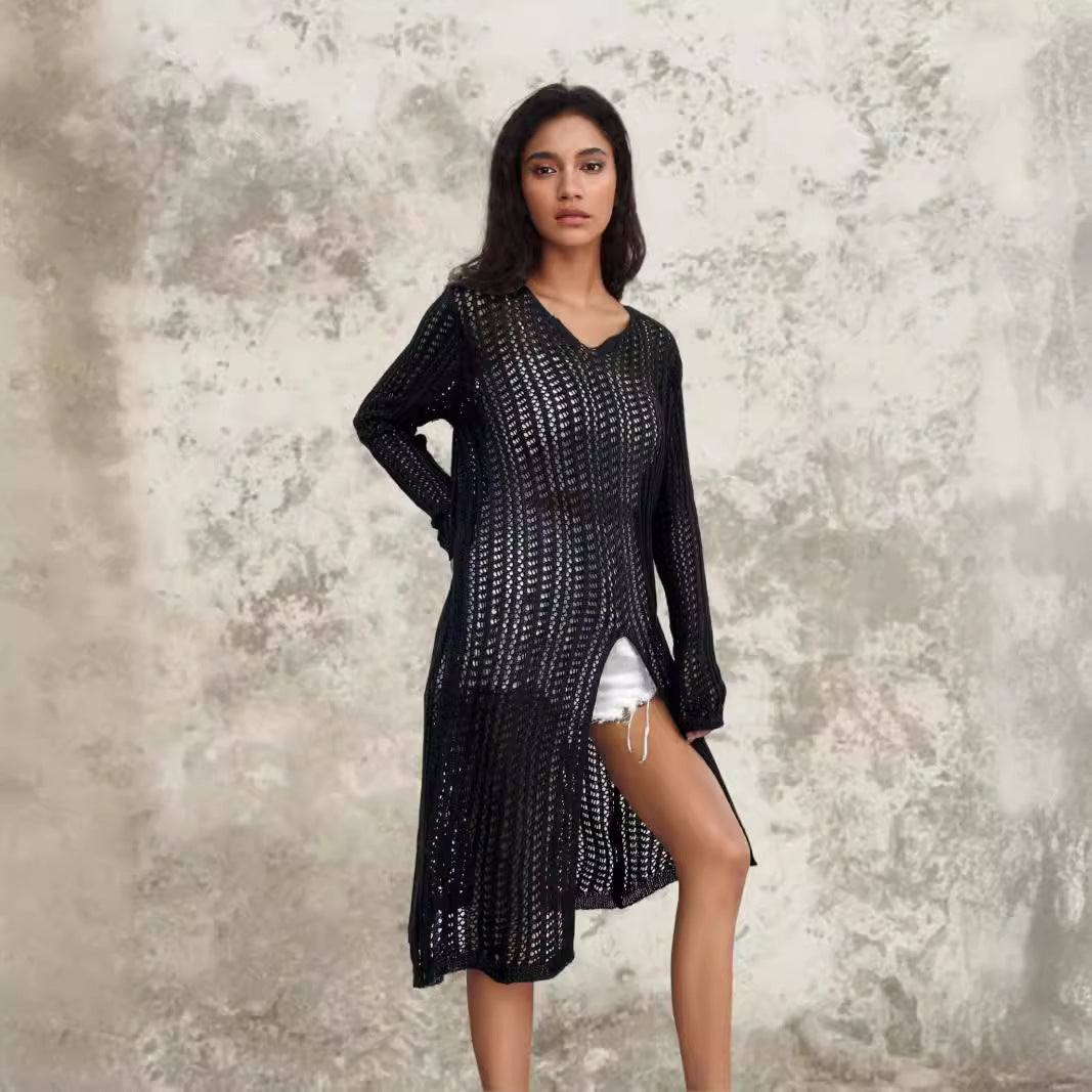 Damer lang sweater med sofistikeret netdesign Stilla