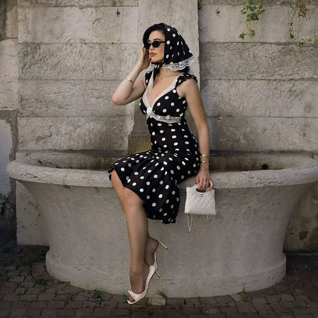 Damer Figursyet Polka-Dot Kjole med Blondeapplikation Skovae