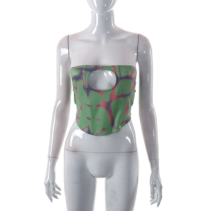 Dame bandeau-top med kreativ cut-out og moderne ternet mønster Skovae
