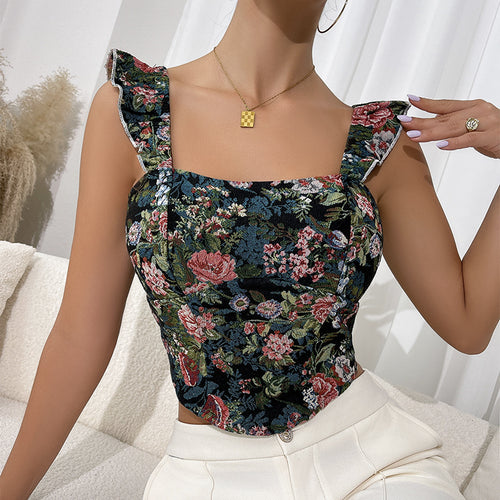 Dame Floral-Cropped Top med Rynkede Ærmer og Figursyet Snit Stilla