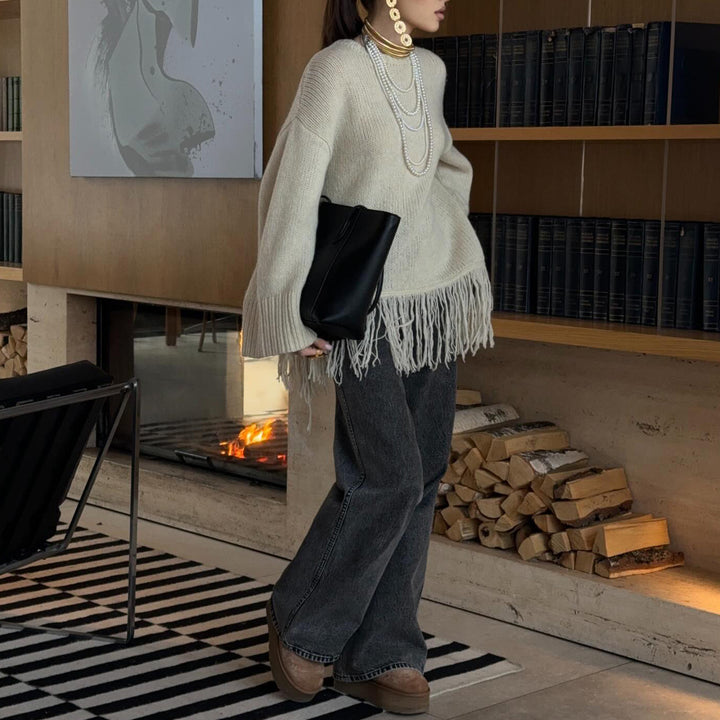 Kvindes Fashionable Strikket Sweater med Frynser Stilla