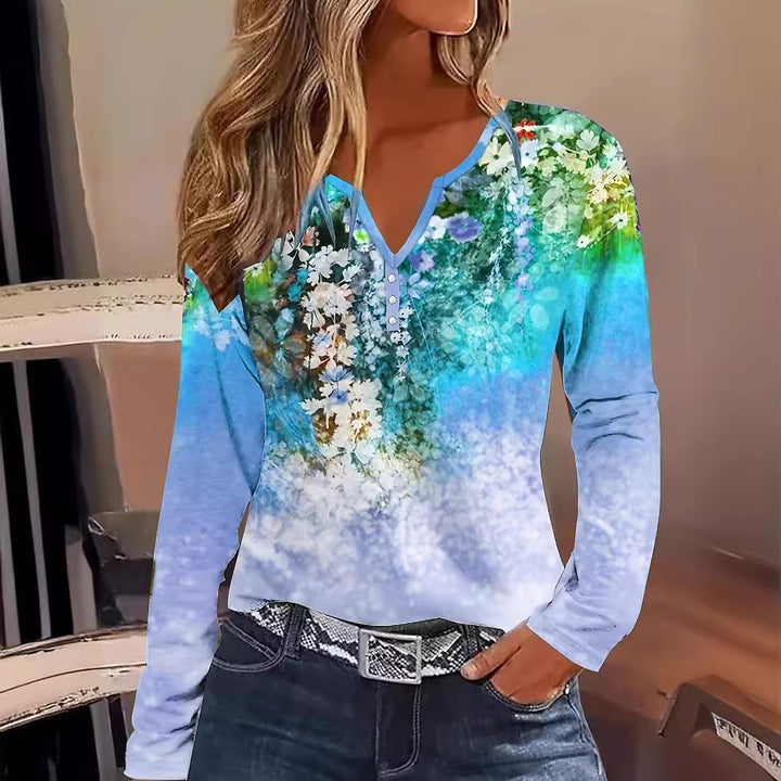 Dame Floral Langærmet T-shirt med Henley-udskæring og farvegradient Stilla