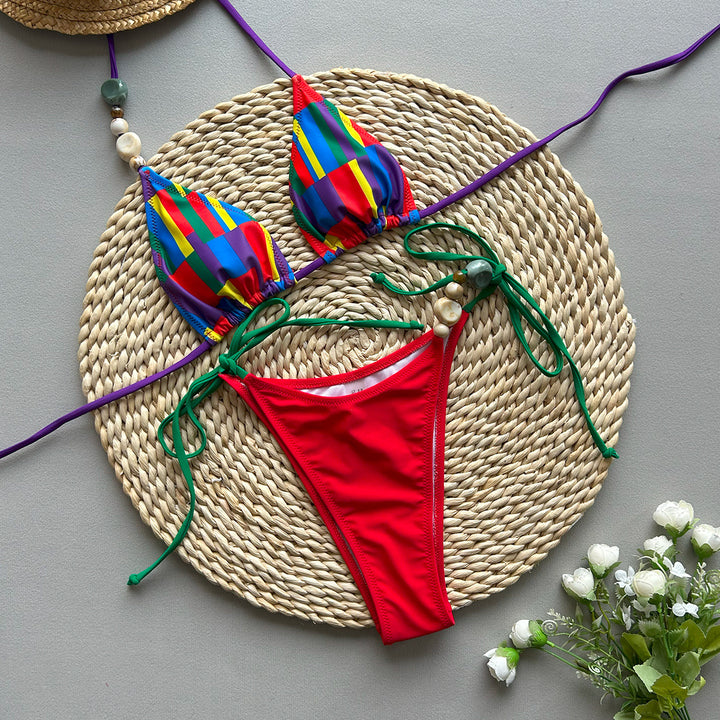 Dame Triangel Bikini-Sæt med højskåret trusse og dekorative perler Stilla
