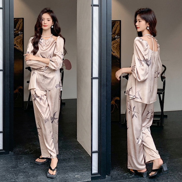 Dame Satin Pyjamasæt med kunstnerisk blomsterdesign Stilla