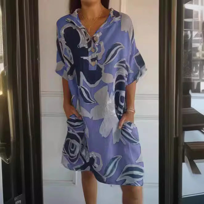 Dame tunika-kjole med moderne blomsterdesign og praktiske lommer Stilla