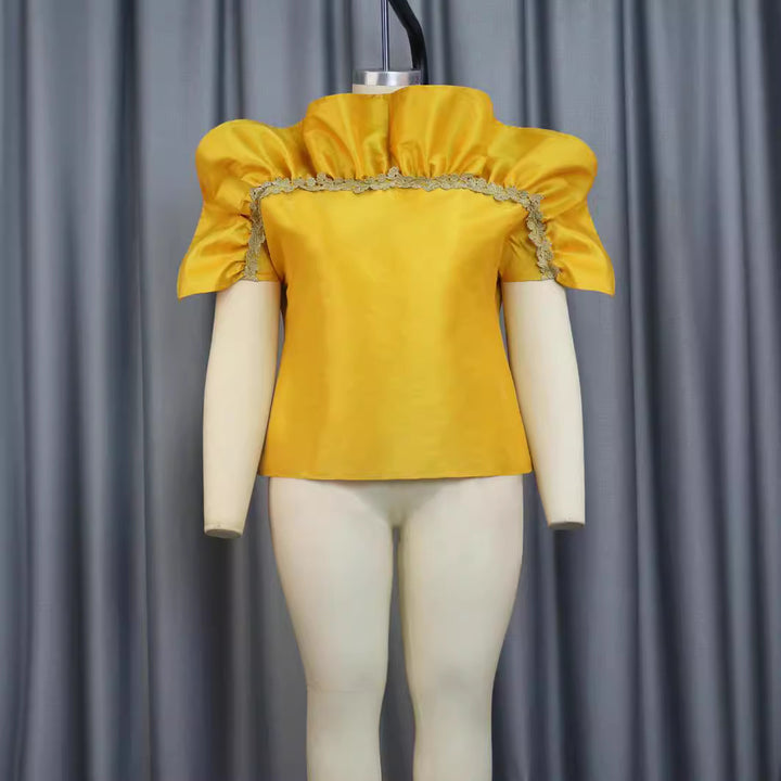 Damer elegant bluse skjorte med voluminøse puffærmer og dekorativ spids kant Skovae