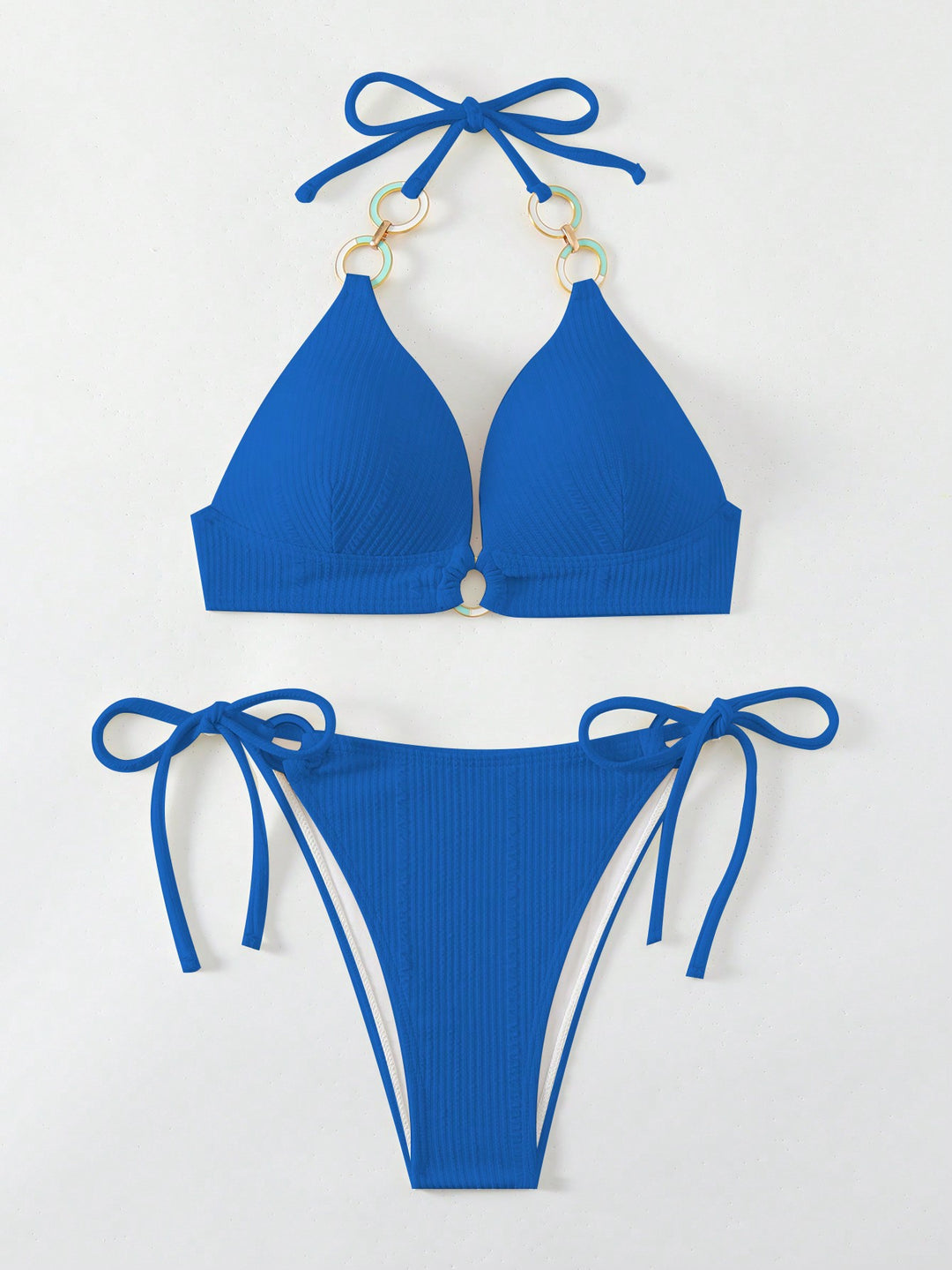 Dame Triangel-Bikini-Sæt med dekorative ringe og justerbare bindebånd Stilla