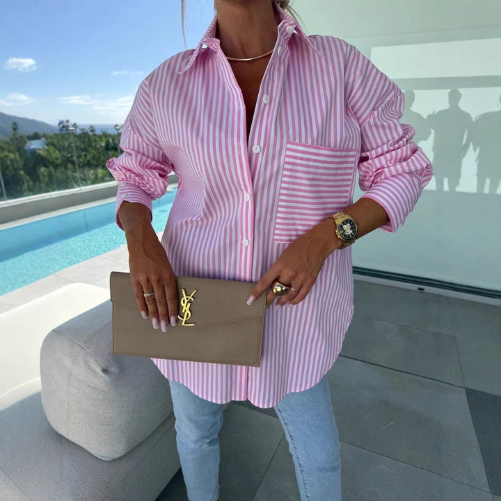 Damer casual skjorte bluse med klassisk stribemønster og påsat brystlomme Stilla