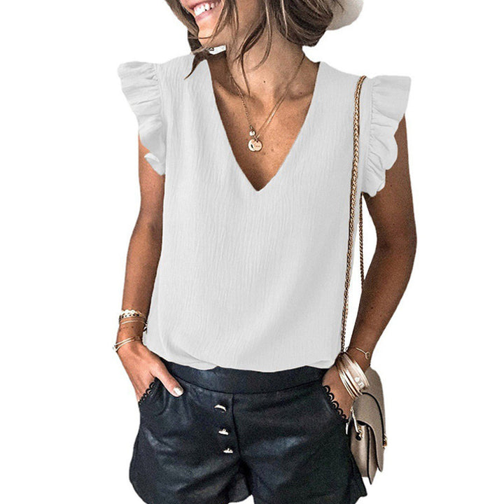 Dame V-halsbluse med volangdetaljer Stiila