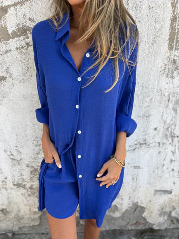 Dame afslappet bluse-shorts-sæt med oversized snit og luftig tekstur Stilla