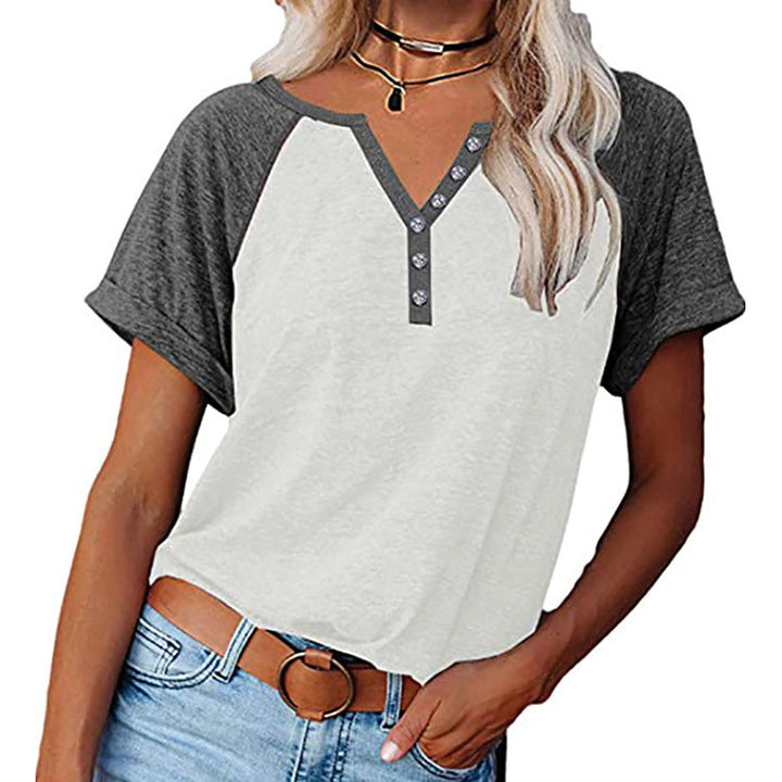 Dame afslappet T-shirt med knapliste og raglanærmer Stilla