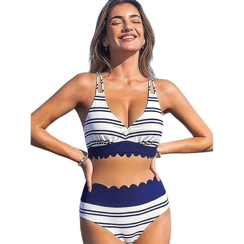 Dame Vintage Højskåret Bikini med elegant Bølge mønster Skovae