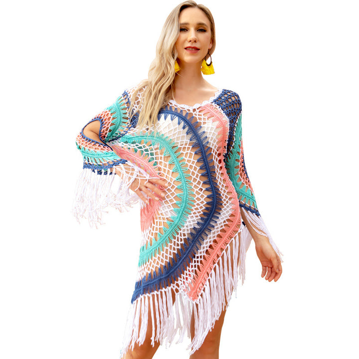 Dame Hæklet Strandponcho med farverigt Geometrisk Design og frynseaccenter Stilla