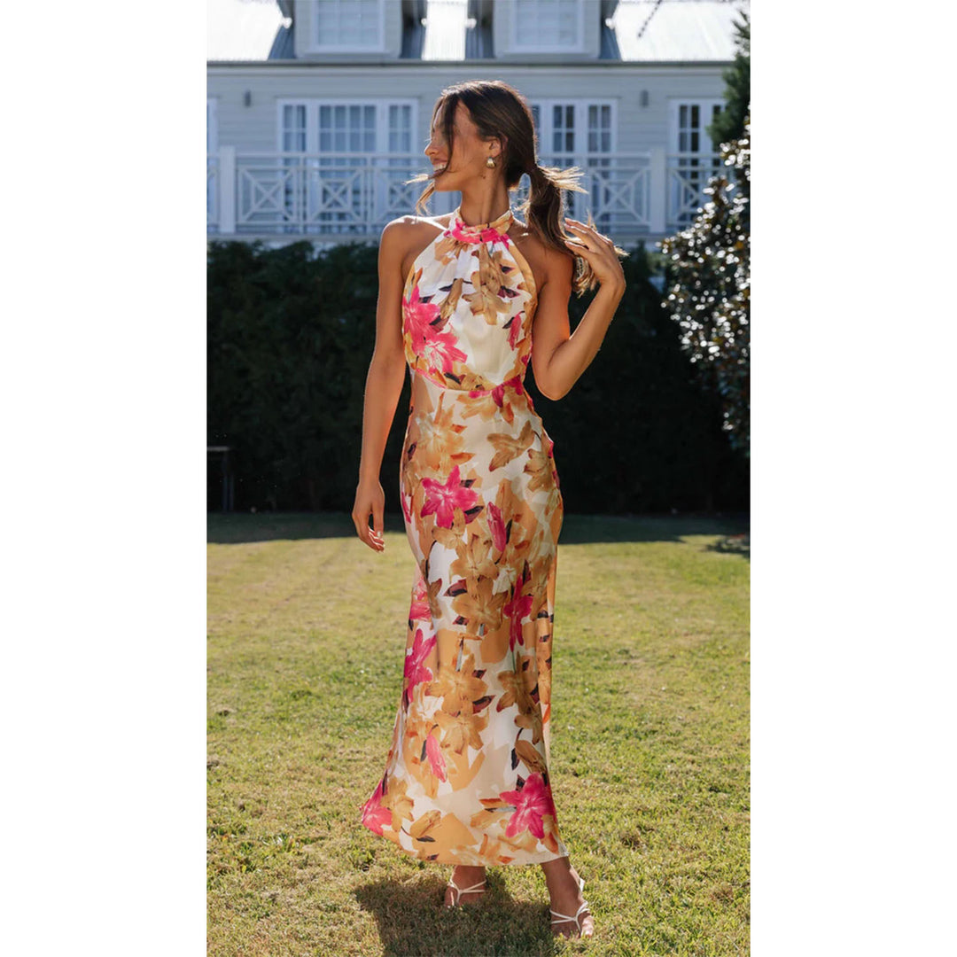 Kvinders maxikjole med høj hals halter design og blomstermønster