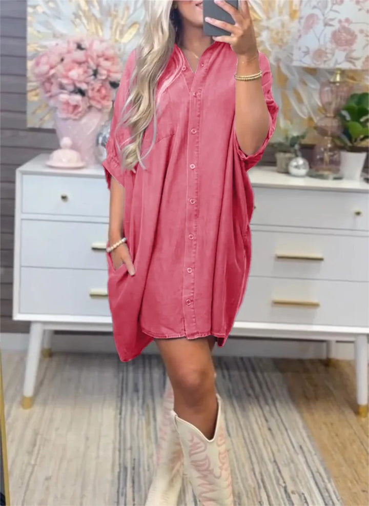 Dame Størrelse Denim-Sk Shirt kjole med praktiske lommer og afslappet snit Stilla