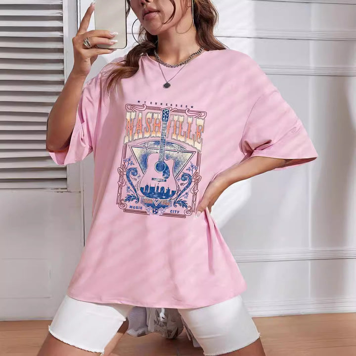 Dame afslappet T-shirt med stort musikmotiv Stilla