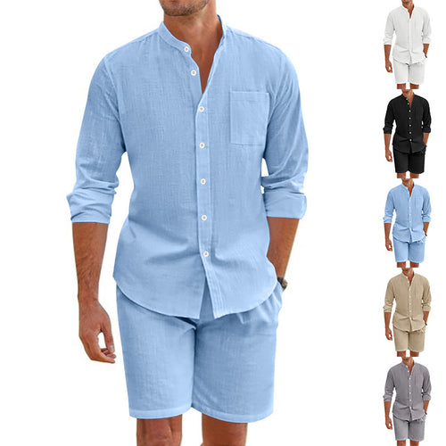 Herrernes Casual Skjorte og Shorts Sæt med åndbar Linnedstruktur Stilla
