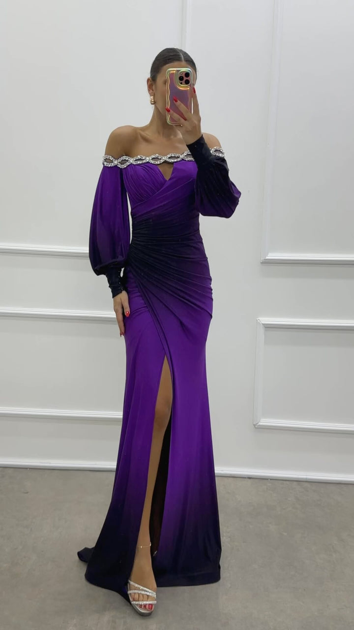 Kvinders Off-Shoulder Maxi Kjole med Elegant Drapering og Glitrende Accenter Skovae
