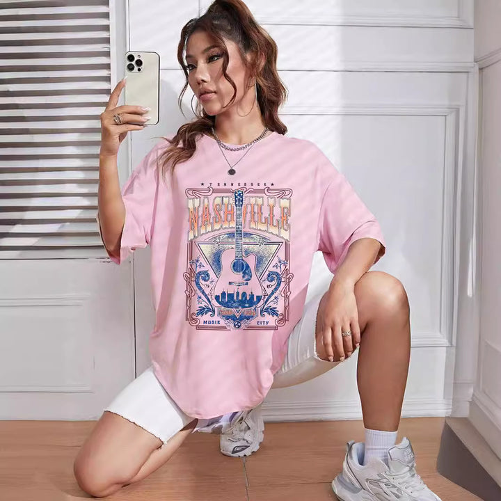 Dame afslappet T-shirt med stort musikmotiv Stilla
