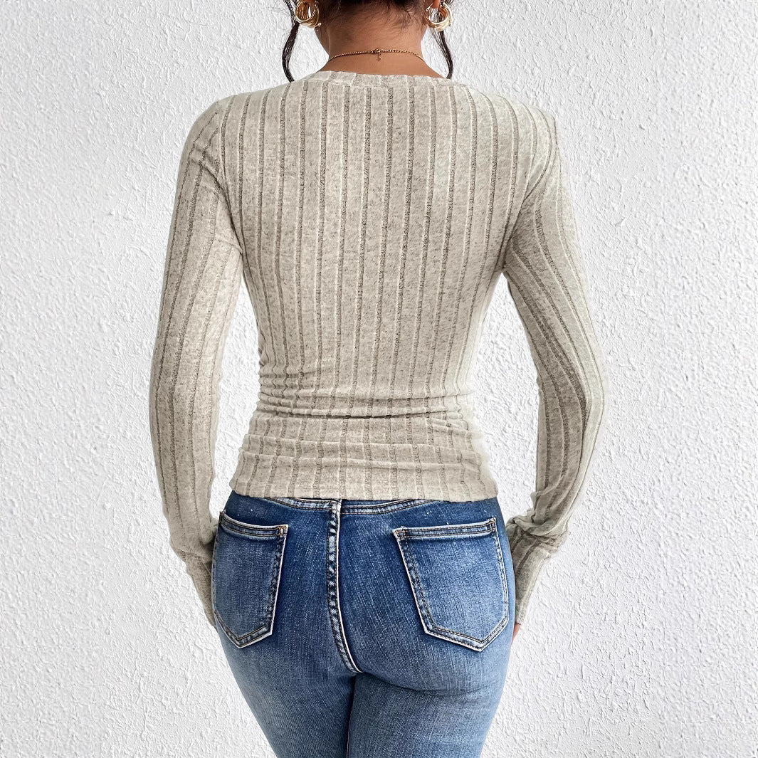 Dame Figurtilpasset Langærmet T-shirt med V-hals og ribstruktur Stilla